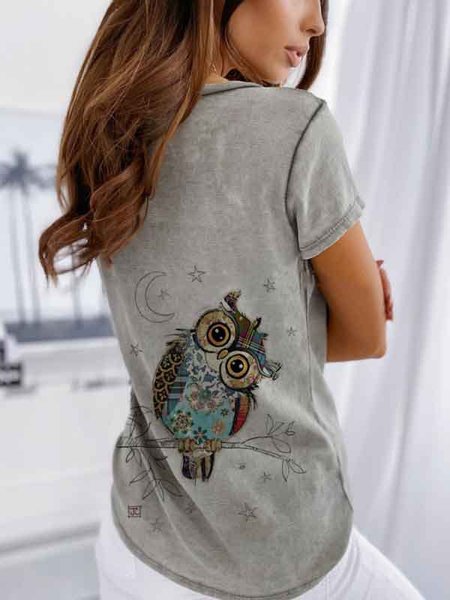 

T-Shirt Vintage con Scollo a V di Cotone, Grigio, T-Shirts