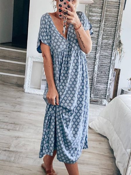 

Blue Geometric Casual V Neck Casual Dresses, Dresses