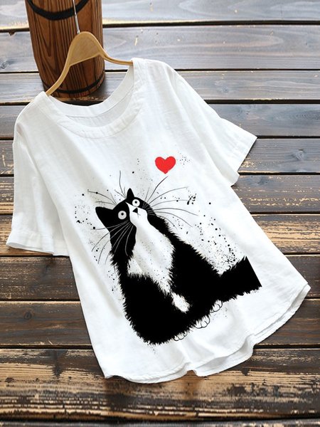 

White Cartoon Casual Cotton-Blend Tops, T-Shirts