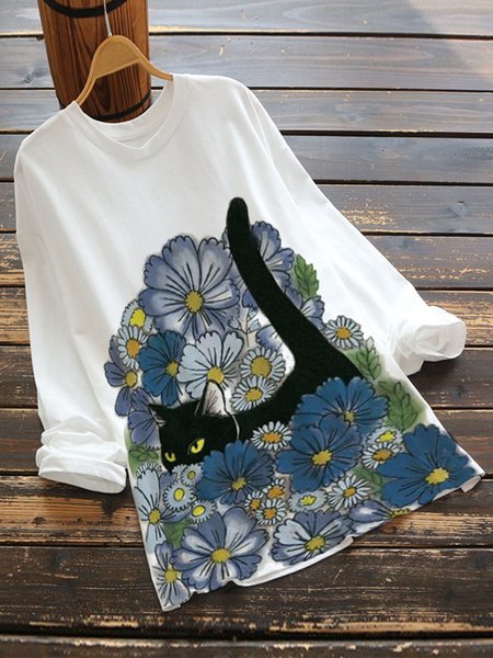 White Cotton-Blend Casual Floral-Print Shirts & Tops White/L
