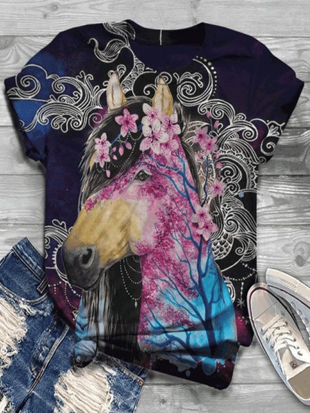 Vintage Short Sleeve Statement Horse Floral Printed Crew Neck Plus Size Casual Tops Black/XXL