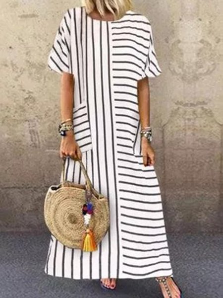 

Abito a Righe a Girocollo di Misto Cotone, Bianco, Maxi Dresses