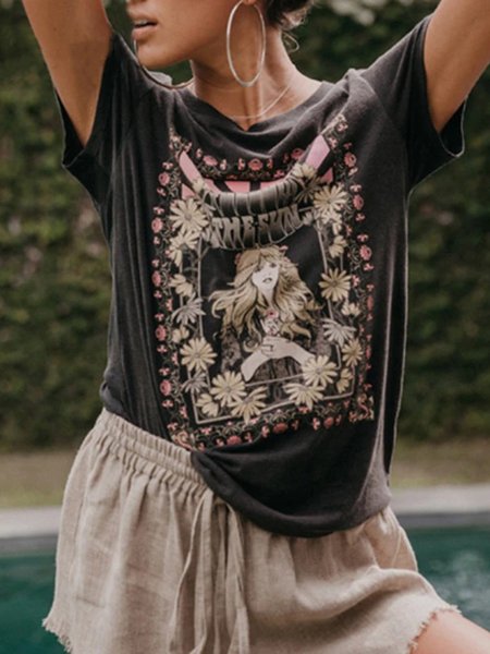 T-Shirt Dritto Casuale Floreale, Nero, T-Shirts
