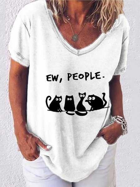 

Short Sleeve Cats Print Casual Shift T-Top, White, Tees & T-shirts