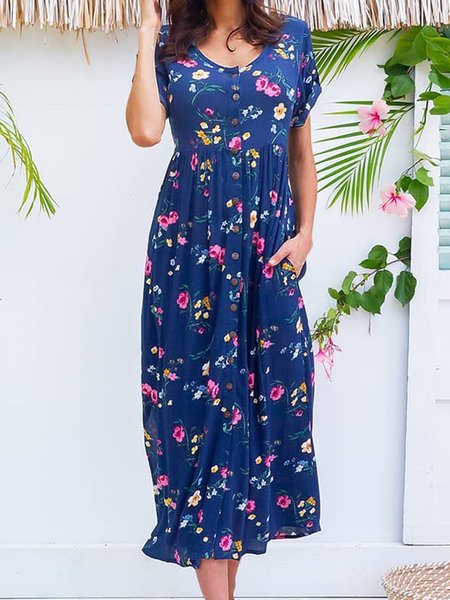 

Floral Midi Dress Summer Plus Size Short Sleeve Weaving Dress, Navy blue, Floral Dresses