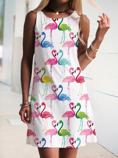 

Flamingos Print Sleeveless Casual Mini Dress, White, Casual Dresses