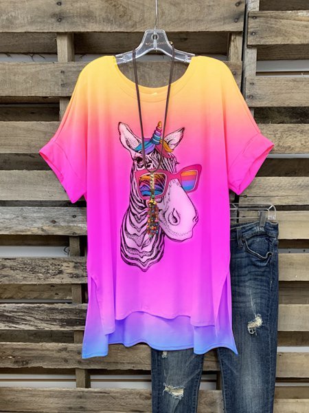 T-Shirt Stampato Casuale di Cotone, Rosa, T-Shirts
