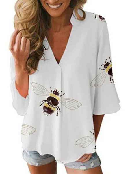 White 3/4 Sleeve Casual V Neck Tops, Blouses & Shirts