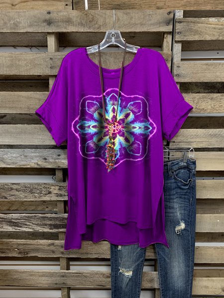 

T-Shirt a Girocollo di Cotone, Viola, T-Shirts