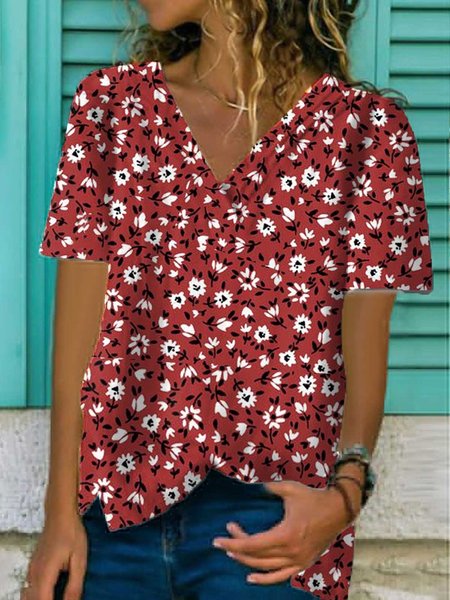 

Top Patchwork con Scollo a V, Rosso, T-Shirts