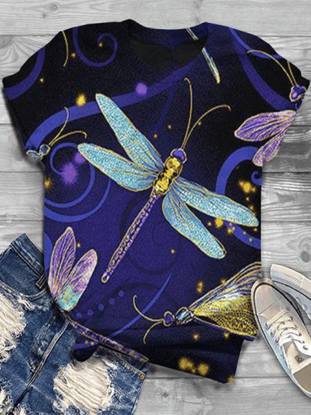 

Vintage Short Sleeve Statement Dragonfly Printed Crew Neck Casual Top, Blue, Tees & T-shirts