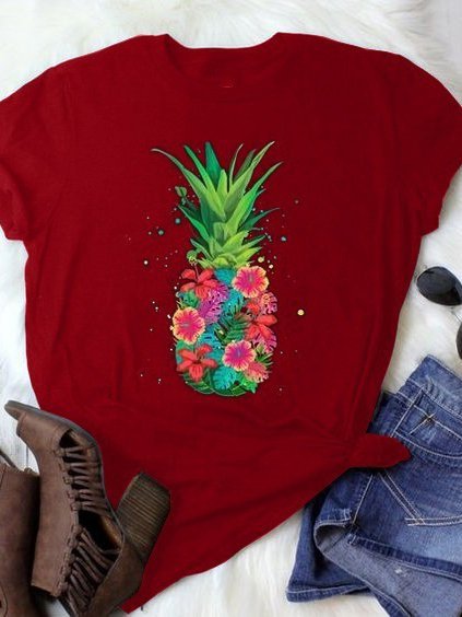 

Printed Crew Neck Short Sleeve T-shirt, Wine red, T-shirts