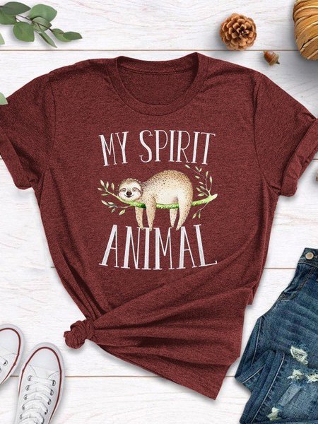 

T-Shirt a Girocollo Casuale Stampato, Vino rosso, T-Shirts