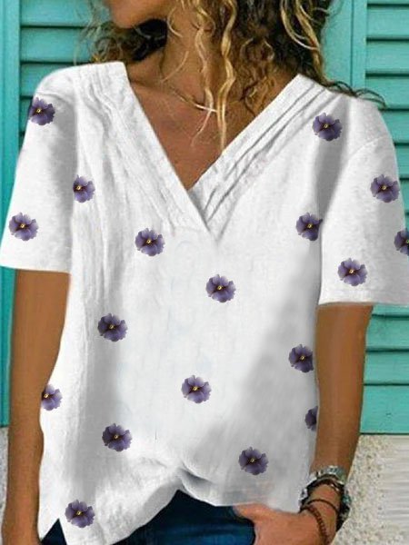 

Top Floreale Casuale di Misto Cotone, Bianco, T-Shirts