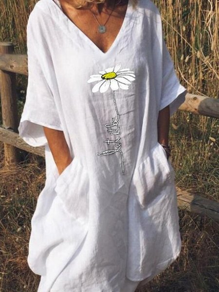 

Cotton-Blend Floral V Neck Casual Knitting Dress, White, Floral Dresses