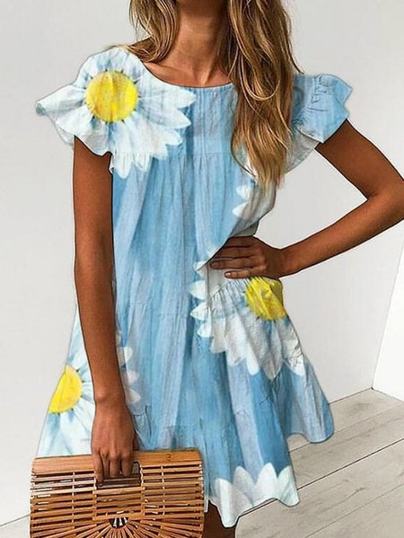 Cotton-Blend Crew Neck Casual Knitting Dress, Blue, Mini Dresses