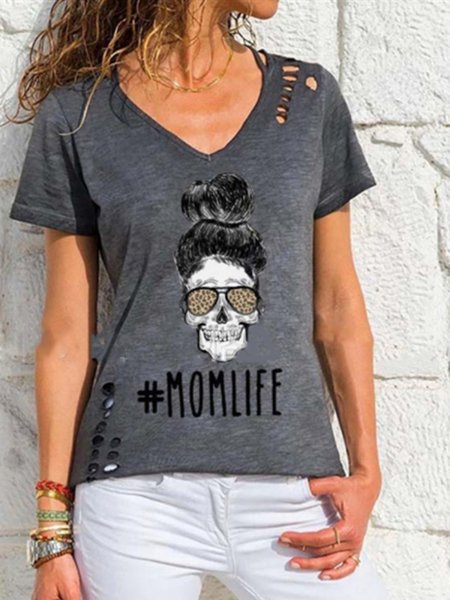

T-Shirt Casuale Cartoon Strappato Dritto, Grigio scuro, T-Shirts