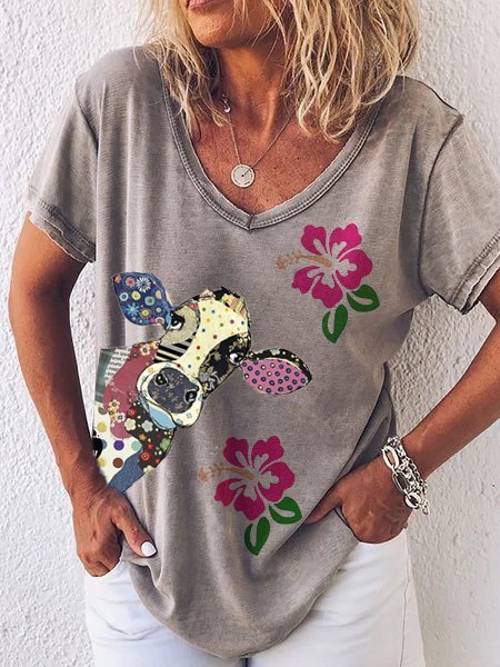 T-Shirt con Scollo a V Stampato Casuale, Grigio, T-Shirts