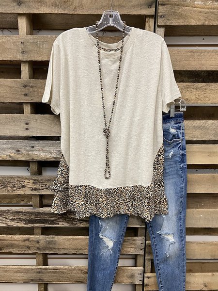 Leopard Stitching Lotus Leaf Swing Top Khaki/XL