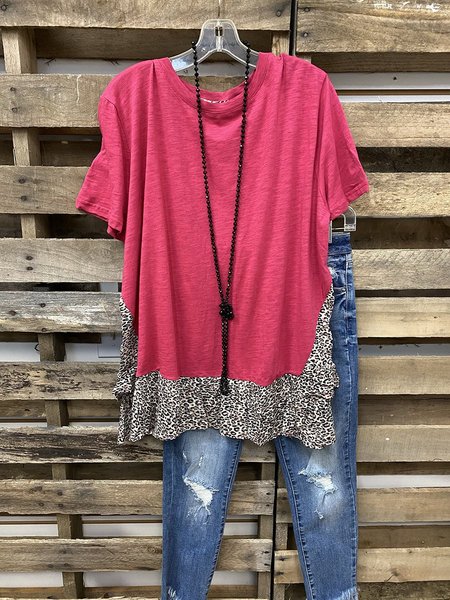 Leopard Stitching Lotus Leaf Swing Top Red/S