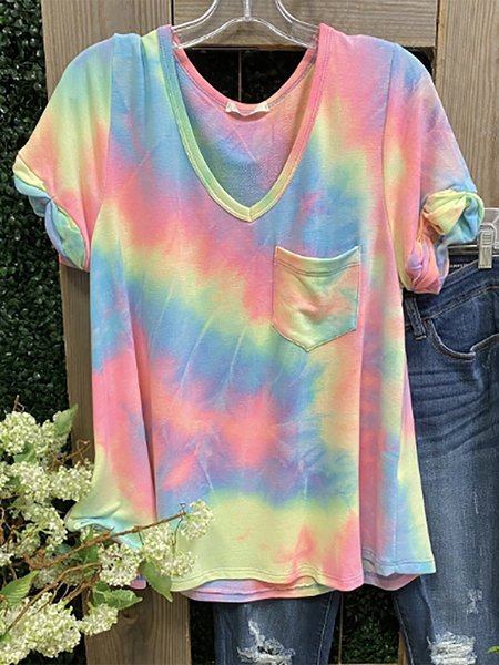 

T-Shirt con Scollo a V Casuale di Cotone, Multicolore, T-Shirts