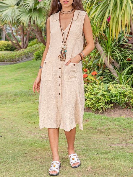 

Women Vintage Sleeveless Cotton Buttoned Down Dresses, Off white, Midi Dresses
