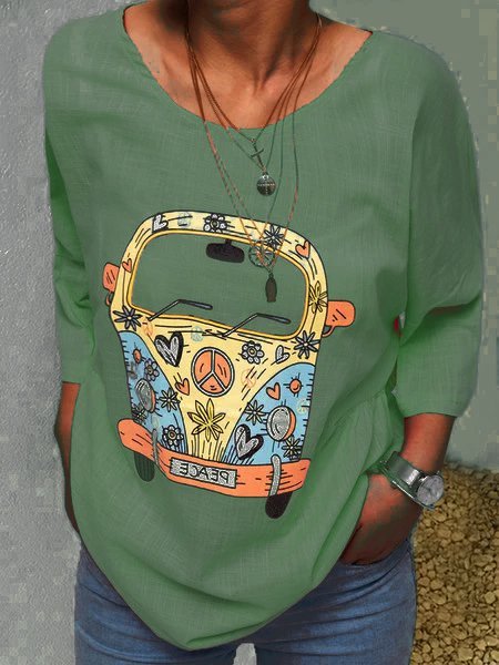 

zolucky Linen Loose Half Sleeved Top, Green, T-Shirts