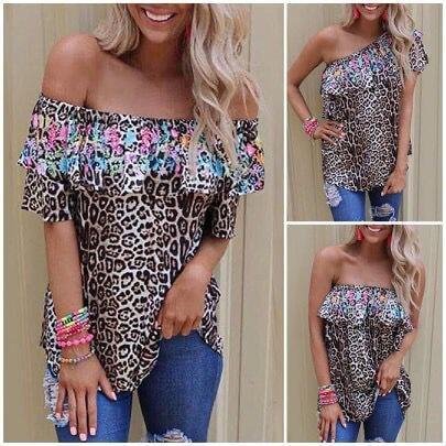 Leopard Casual Off Shoulder T-Shirt & Top, Blouses