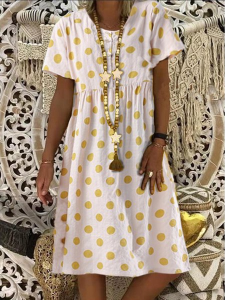 

Abito a Pois Dolce A-line Casuale di Cotone, Giallo, Mini Dresses