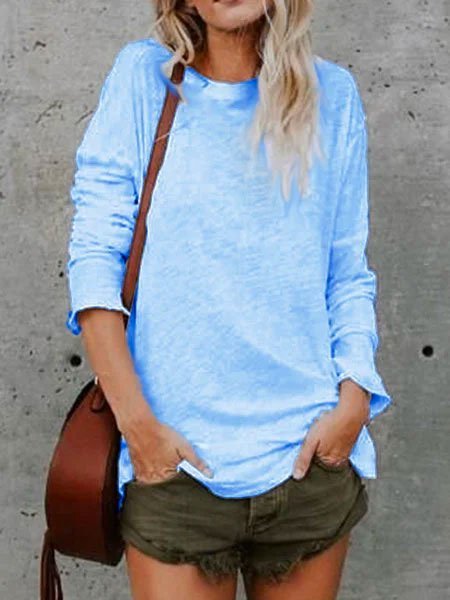 White Crew Neck Long Sleeve Casual Top, Blue, Hoodies and Sweatshirts