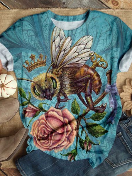 

Blue Cotton Short Sleeve Patchwork Printed T-shirt, Tees & T-shirts