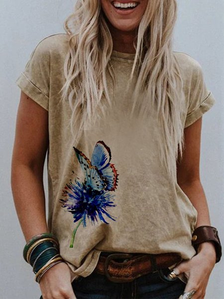 Khaki Printed Short Sleeve Round Neck Shirts & Tops Khaki/3XL