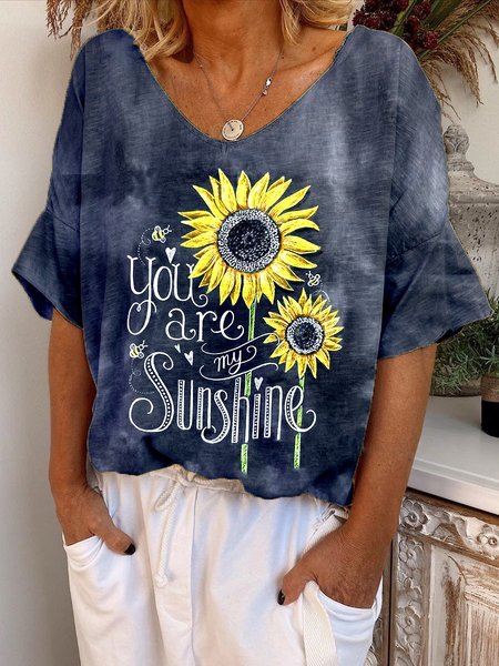 

Women Sunflower Printed Casual V Neck Short Sleeve Navy Blue T-Shirt & Top, Tops
