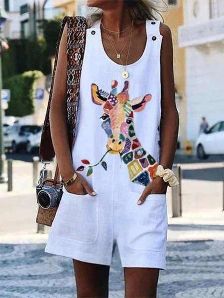 

One-Pieces con Scollo a U Casuale Stampato Dritto, Bianco, Jumpsuits