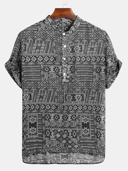 

Short sleeve national style stand collar leisure printed polo shirt, Gray, Shirts