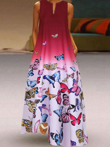 

Abito con Scollo a V Farfalla Stampato Altalena Casuale Bohemian, Rosso, Maxi Dresses