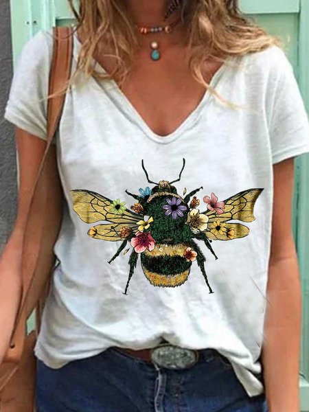 

T-Shirt Casuale con Scollo a V di Cotone, Azzurro, T-Shirts