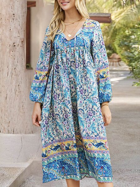 

Blue Boho V Neck Long Sleeve Printed Midi Dress, Midi Dresses