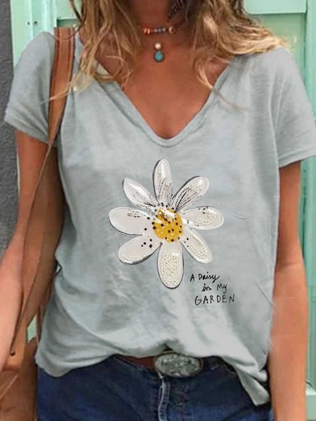 T-Shirt con Scollo a V Stampato di Cotone, Grigio chiaro, Blouses & Shirts