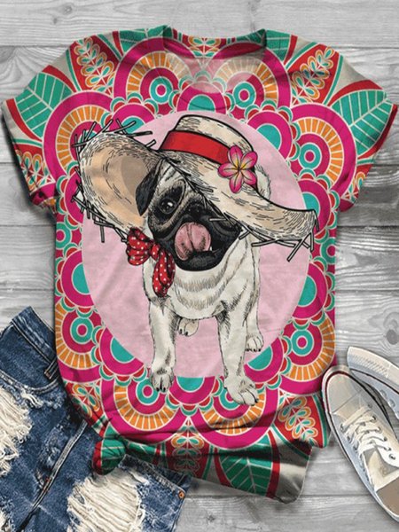 

Vintage Short Sleeve Statement Dog Floral Printed Crew Neck Plus Size Casual Tops, Multicolor, Email discount