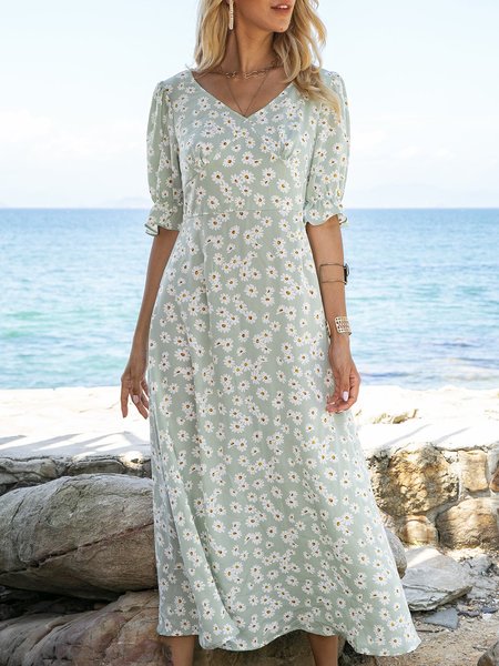 

V Neck Swing Holiday Floral Midi Dress, Lightgreen, Midi Dresses