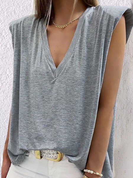

T-Shirt con Scollo a V di Cotone, Grigio, Tank Top