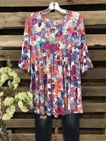 

Top Floreale Casuale di Misto Cotone, Viola, T-Shirts