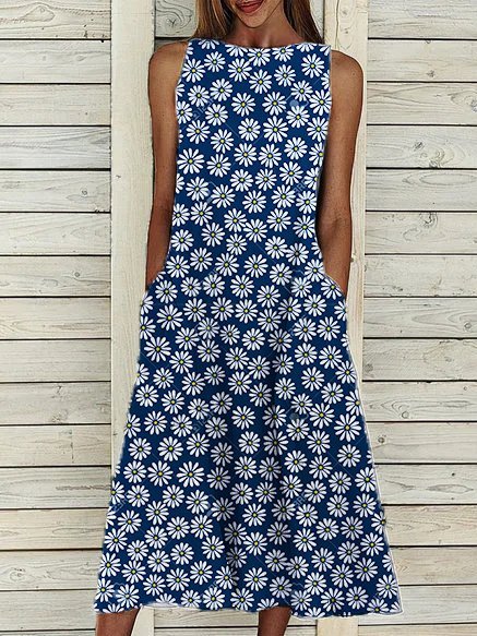 

Floral Casual Crew Neck Sleeveless Dresses, Blue, Floral Dress