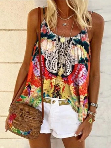 Printed Sleeveless Shirts & Tops Red/M