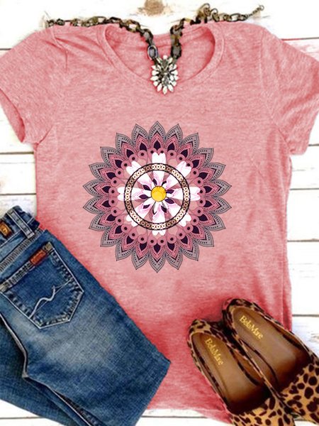 

T-Shirt a Girocollo Stampato, Rosa, Tops
