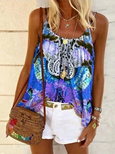 Printed Sleeveless Shirts & Tops Blue/3XL