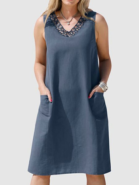 

Casuale Pizzo Collo Abito con tasche Midi Gonna, Blu marino, Summer dresses