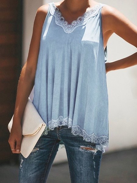 

V Neck Paneled Spaghetti Stap Solid Lace Crochet Cami Top, Sky blue, Tank Tops & Camis