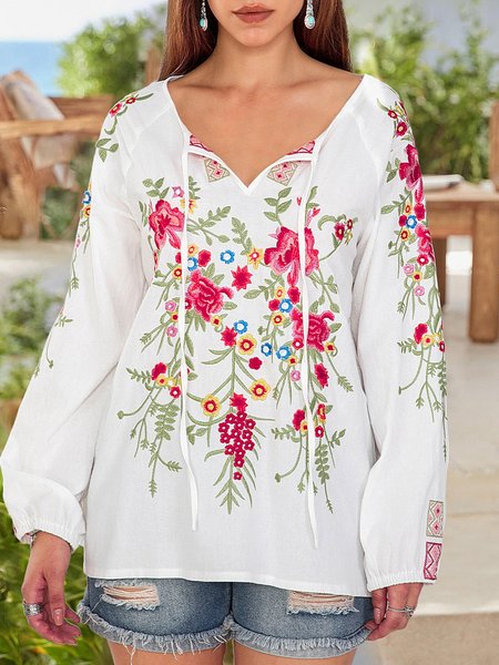 

Women Floral Embroidery Long Sleeve Blouse, White, Blouses and Shirts